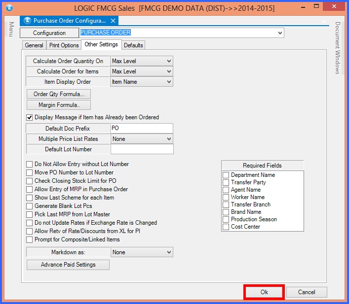 fmcg purchase order configuration other settings